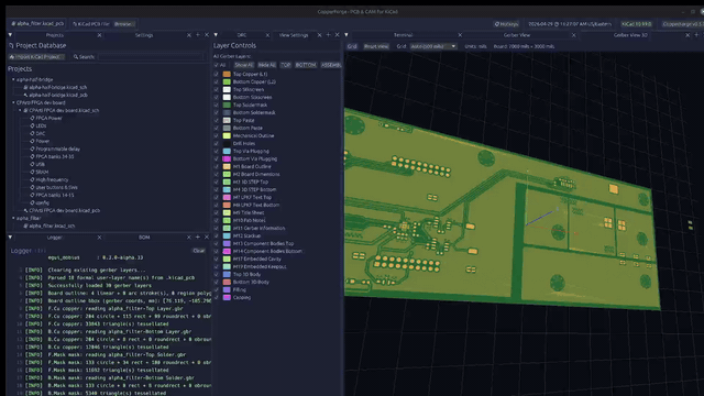 CopperForge running on egui_citizen — a docked layout with a 3D gerber view, settings, terminal, and logger panels updating live as the user drives the app.